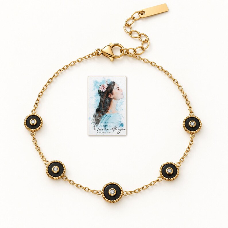 Black Disc Bracelet, shown against a light background. A sample personalized digital greeting card is shown alongside.