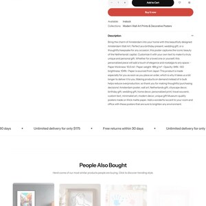 May include: Amsterdam wall art print featuring a canal scene with colorful buildings, a bridge, and a bicycle. The word "Amsterdam" is displayed in bold text. The print is available in various sizes, with the largest being 23.3" x 33.1".