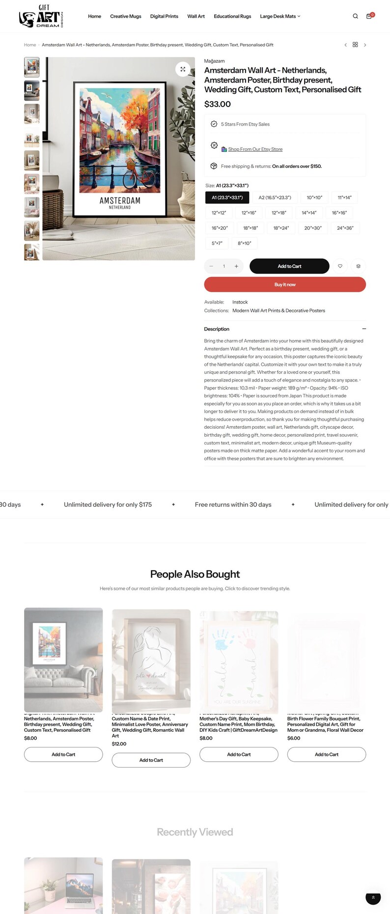 May include: Amsterdam wall art print featuring a canal scene with colorful buildings, a bridge, and a bicycle. The word "Amsterdam" is displayed in bold text. The print is available in various sizes, with the largest being 23.3" x 33.1".