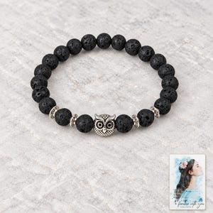 Black Lava Bead Bracelet, close-up of the details. A sample personalized digital greeting card is shown alongside.