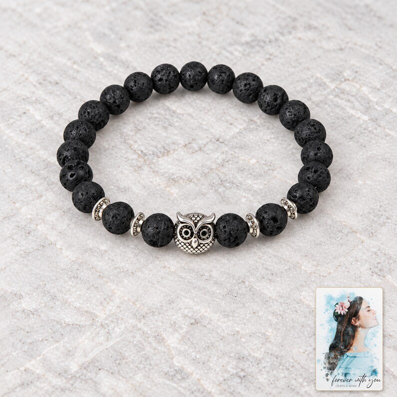 Black Lava Bead Bracelet, close-up of the details. A sample personalized digital greeting card is shown alongside.