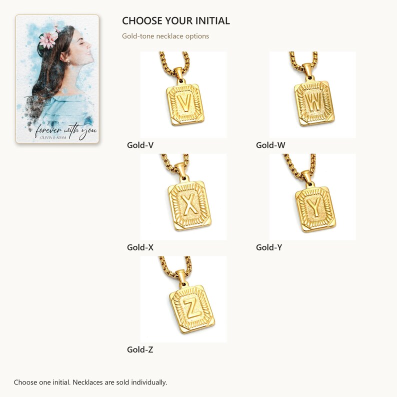 Available options. Initial Letter Necklace. A personalized digital greeting card is shown. Select the pictured option when ordering.