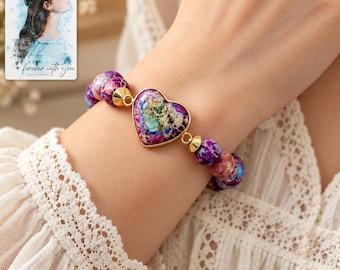 Mosaic Heart Bead Bracelet, Purple and Turquoise Colors with Personalise Gold Tone Accents