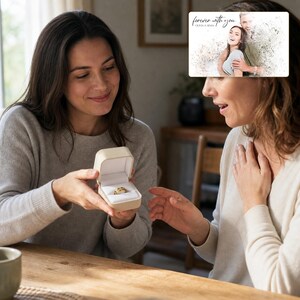 K&ouml;nnte beinhalten: Ein goldener Ring mit texturiertem Band liegt in einer kleinen, cremefarbenen, quadratischen Schmuckschatulle. Dar&uuml;ber zeigt eine rechteckige Karte ein stilisiertes, k&uuml;nstlerisches Portr&auml;t eines Paares mit dem Text "forever with you" und "OLIVIA & ADAM".