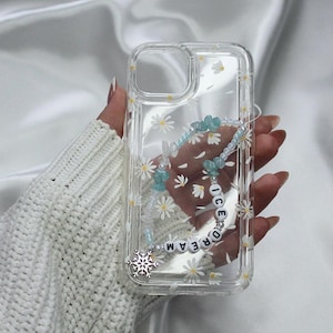 Correa para móvil “Ice Dream” – Elegante correa de perlas con piedras preciosas de color aguamarina y cuarzo transparente para tu smartphone, accesorio con copo de nieve