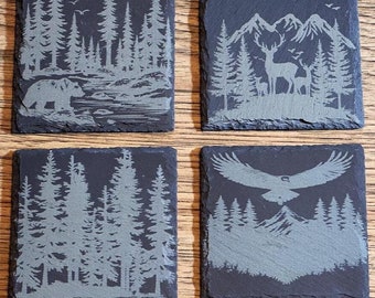 Set Of 4 Slate Coasters // Nature Pack // Laser Engraved Coasters // Housewarming Gifts // Outdoors Gifts // New Home
