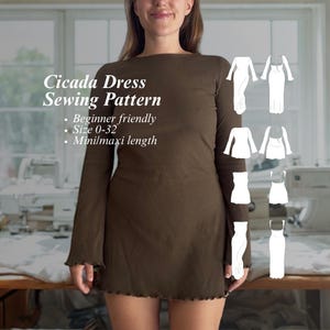 May include: A woman models a brown ribbed mini dress with long sleeves and a scalloped hem. The image includes the text "Cicada Dress Sewing Pattern" and details: "Beginner friendly," "Size 0-32," and "Mini/maxi length." Several dress design sketches are also shown.