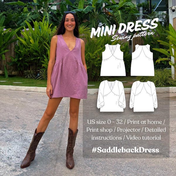 Easy oversized v-neck mini dress PDF pattern with optional sleeves, beginner-friendly instructions + video tutorial