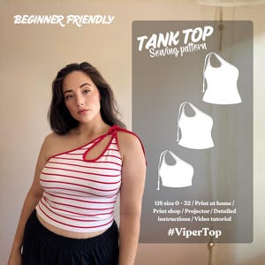 Patrón de costura de camiseta sin mangas en PDF / Escote asimétrico, lazos en los hombros y bralette incorporado opcional / Patrón de tejido para principiantes