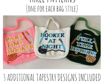 BUNDLE of 3 Crochet Patterns, Hooker/ed Project Bags, 3 Styles, Big Fun Humor Totes