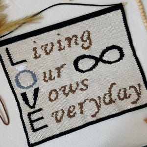 May include: A cream-colored, crocheted wall hanging with the words "LOVE" and "Living our vows everyday" in black, brown, and gray. An infinity symbol is in black. The piece is framed in black.