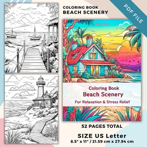 Malbuch mit Strandlandschaften – 50 Seiten mit Küstenparadiesen + Cover – Druckbares 8,5x11-PDF für Jugendliche und Erwachsene