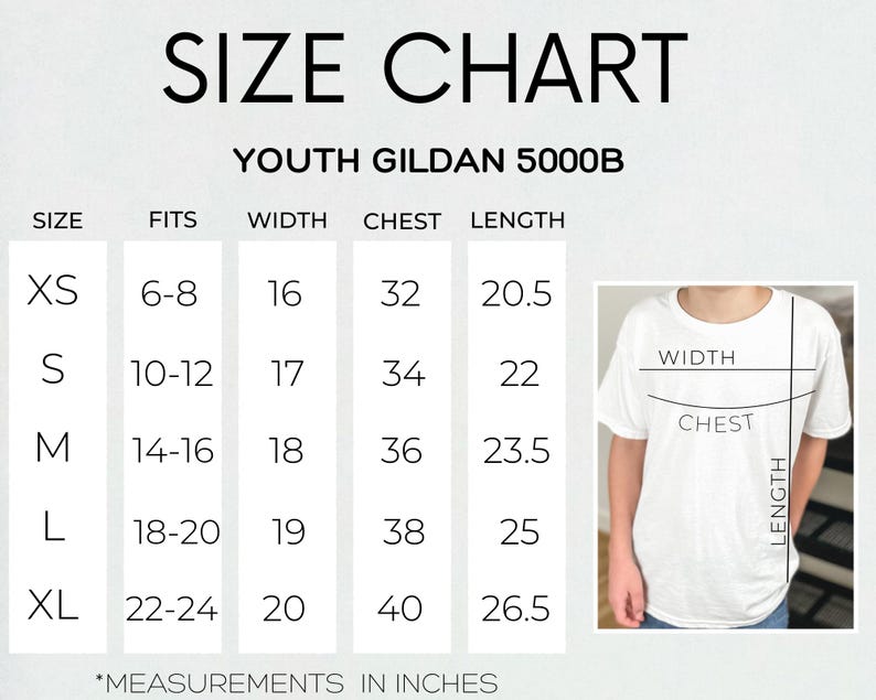 May include: Size chart for youth Gildan 5000B t-shirts, showing measurements in inches for chest, width, and length, for sizes XS to XL.
