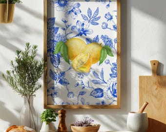 Lemon Botanical Vintage Fruit Wall Art for Kitchen | Blue Cottagecore Decor, Set of 8 Printable Farmhouse Decor | Chinoiserie Wall Poster