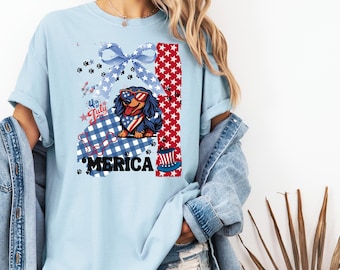 Merica Dachshund 4th of July Coquette T-Shirt | Wiener Dog Mom Gift Tee | Patriotic Dog Shirt for Independence Day | Weenie Dog Lover Tee