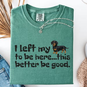 May include: A green t-shirt with the text "I left my to be here...this better be good." and a dachshund graphic. A silver necklace with a pendant is on the shirt. The shirt is folded.
