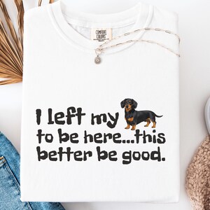 May include: White Comfort Colors t-shirt with the text "I left my to be here...this better be good." and a dachshund graphic. A silver necklace with a flower pendant is draped across the shirt.