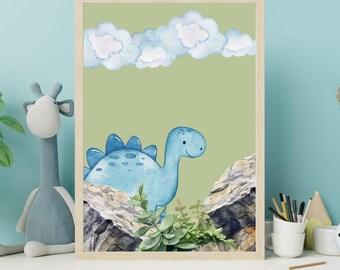 Kids Dinosaur Wall Art Printable Nursery Decor Digital Wall Decor Playful Kids Room Poster Blue Green Brown Instant Download