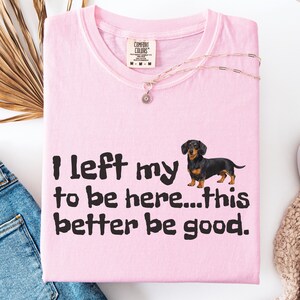 May include: A light pink t-shirt with the text "I left my to be here...this better be good." and a dachshund illustration. The shirt has a crew neck and short sleeves. A silver necklace with a pendant is on the shirt.