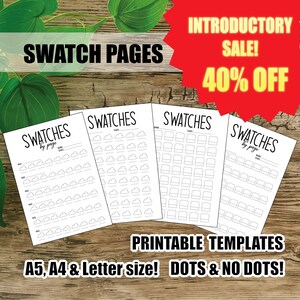 Puede incluir: Cuatro páginas de muestras imprimibles con diferentes diseños. Cada página tiene el texto "SWATCHES" en la parte superior. Las páginas están diseñadas para organizar y mostrar muestras de pintura, esmalte de uñas u otras muestras de color. El texto "PLANTILLAS IMPRIMIBLES" y "¡A5, A4 y tamaño carta! ¡PUNTOS Y SIN PUNTOS!" está en la parte inferior de la imagen.