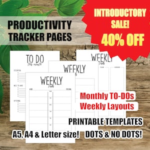 May include: Printable productivity tracker pages with monthly to-do lists and weekly layouts. The pages are available in A5, A4, and letter sizes and come with or without dots. The image shows a sample of the weekly layout with sections for work, personal, and professional tasks.