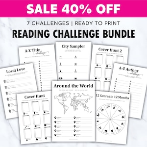 May include: A collection of printable reading challenges, with a pink banner stating "SALE 40% OFF". The bundle includes challenges such as "A-Z Title", "City Sampler", and "Around the World". The text "READING CHALLENGE BUNDLE" is also visible.