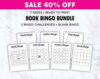 May include: A bundle of printable book bingo sheets. The image shows seven white pages with black text. The top banner reads "SALE 40% OFF". The text on the pages includes "BOOK BINGO BUNDLE", "Book Bingo", "Author Bingo", and "Title Bingo".