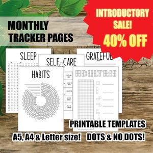 Paquete de seguimiento mensual: páginas de diario digital IMPRIMIBLES, sueño, hábitos, cuidado personal, gratitud, adultis, A5, A4, tamaño carta, 8,5 x 11
