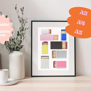 May include: A framed print of a minimalist design featuring a grid of matchboxes in various colours, including yellow, pink, blue, and grey. The print is available in A3, A4, and A5 sizes. The text "Personalise Canva/Adobe Express" is visible in the image.