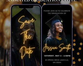 May include: A black and gold animated graduation invitation with a photo of a woman wearing a graduation cap and gown. The text reads "Save the Date Jessica Smith" and includes the date and time of the event, as well as the address.