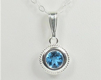 Swiss Blue Topaz 6mm Sterling Silver Backset Bezel Rope Edge Design Necklace