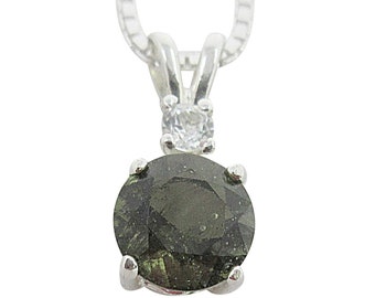 Moldavite 7mm 1ct Faceted Sterling Silver Necklace Pendant Natural Untreated with Danburite Accent