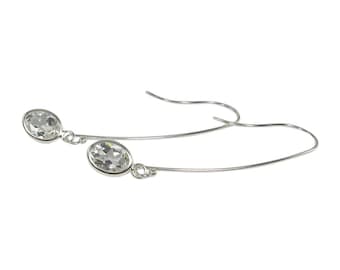White Topaz 8x6mm Sterling Silver Long Dangle Earrings