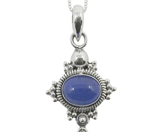 Blue Agate 8x6mm Cabochon Antiqued Sterling Silver Pendant Necklace