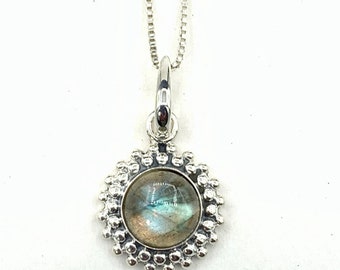 Labradorite 8mm Cabochon Sterling Silver Pendant Necklace