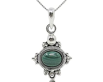 Malachite Cabochon 8x6mm Antiqued Sterling Silver Necklace