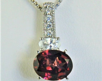 Rhodolite Garnet Necklace 9x7mm 2.40ct Sterling Silver with Round and Oval Cz's Natural Untreated