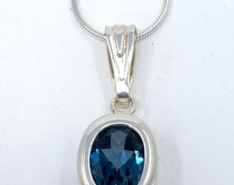 London Blue Topaz 10x8mm 3.35ct Sterling Silver Backset Bezel Necklace Pendant