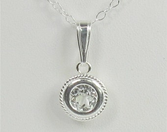 White Topaz 6mm 1ct Sterling Silver Backset Bezel Rope Edge Design Pendant Necklace