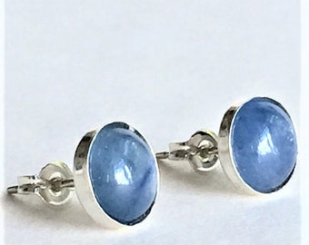 Kyanite 8mm Cabochon Sterling Silver Bezel Set Stud Earrings