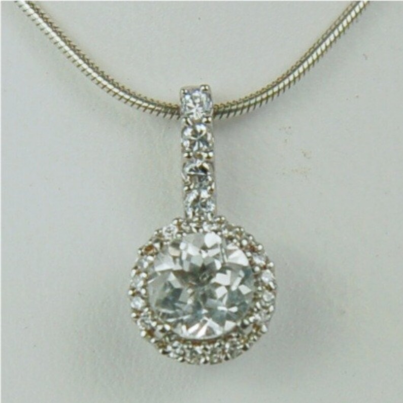 White Topaz Necklace Sterling Silver 6mm Round 1ct Surrounded By A Halo of CZ/'s