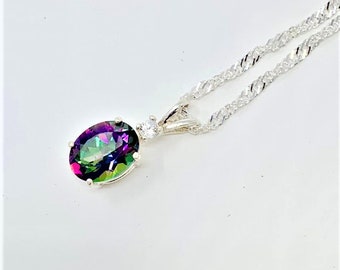 Rainbow Mystic Topaz 10x8mm 2.40ct White Zircon Sterling Silver Necklace Pendant