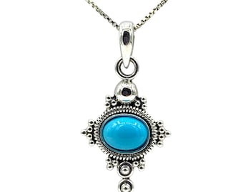 Collier pendentif La Belle au bois dormant turquoise 8 x 6 mm cabochon en argent sterling