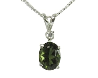 Moldavite Faceted 8x6mm 1ct Danburite Accent Sterling Silver Necklace