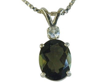 Moldavite Faceted  9x7mm 1.50ct Necklace Sterling Danburite Accent Natural Untreated