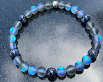 Kyanite And Matte Black Rainbow Mystic Aura Quartz 6mm Stretch Bracelet