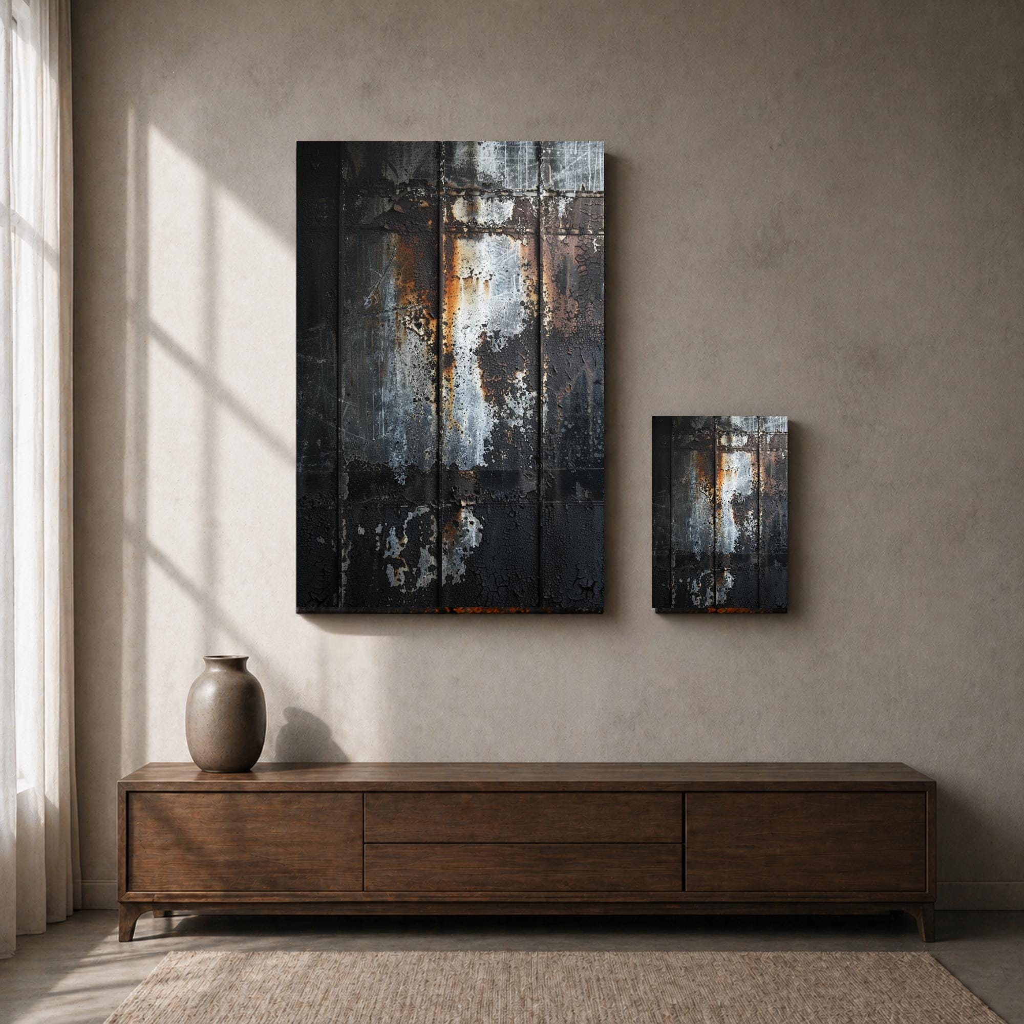 Dark Industrial Texture Canvas Wall Art Abstract Black Gray Decor ...