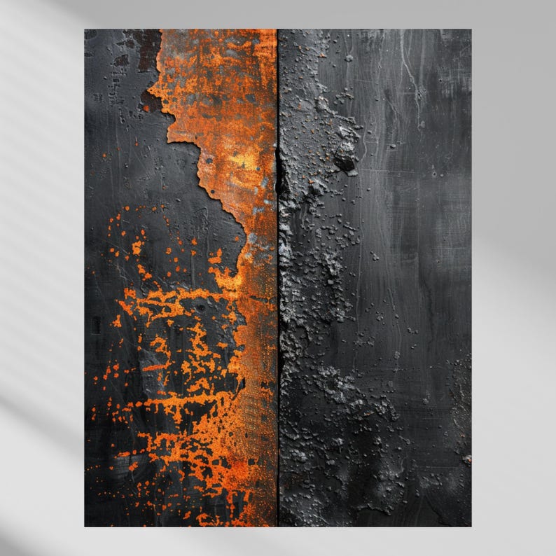 Peut inclure: &OElig;uvre d'art abstraite pr&eacute;sentant un gros plan d'une surface patin&eacute;e. L'image est divis&eacute;e verticalement, le c&ocirc;t&eacute; gauche montrant de la peinture noire &eacute;caill&eacute;e r&eacute;v&eacute;lant de l'orange rouill&eacute;. Le c&ocirc;t&eacute; droit affiche de la peinture gris fonc&eacute; textur&eacute;e.