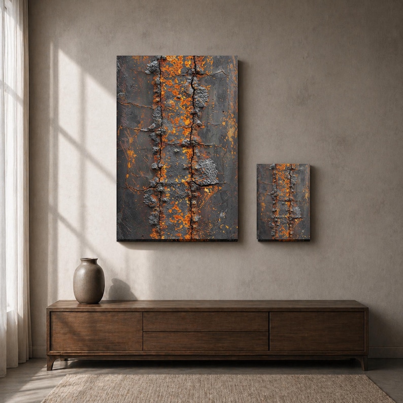 May include: Two abstract wall art pieces. The larger piece is rectangular, with a dark, textured surface and vertical orange and brown streaks. The smaller piece mirrors the design. Both are mounted on a neutral-toned wall above a wooden cabinet.