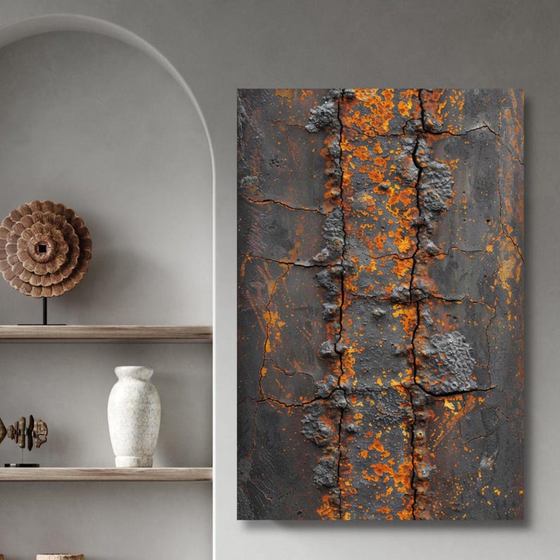 May include: Abstract art print featuring a close-up of weathered metal. The artwork displays a textured surface with a mix of dark gray, black, and vibrant orange-rust hues. Cracks and imperfections add to the industrial aesthetic.